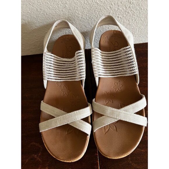 Skechers Wedge Sandals Beverlee Sz 9 Beige Stretch Straps Open Toe - Picture 2 of 10